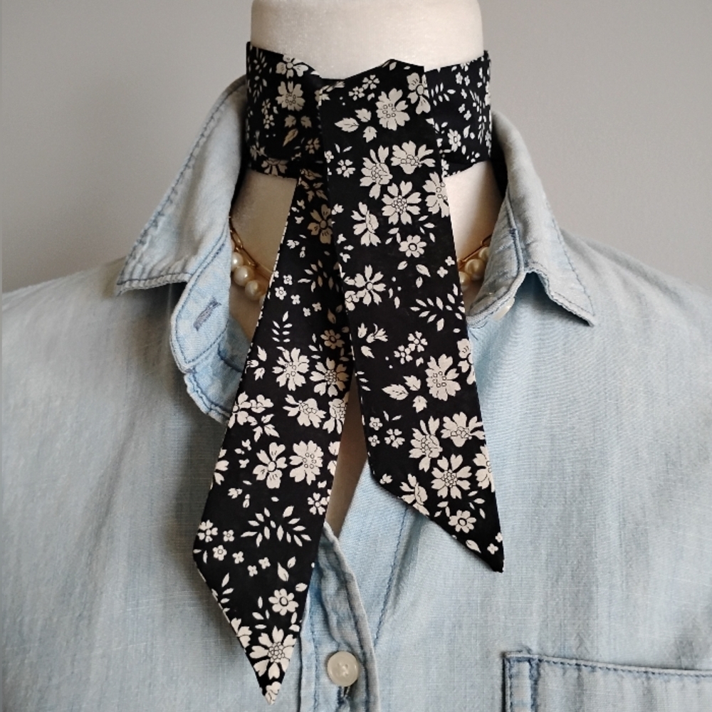 Liberty Art Fabric Super Skinny Scarf Black White Capel Floral Bespoke Classic
